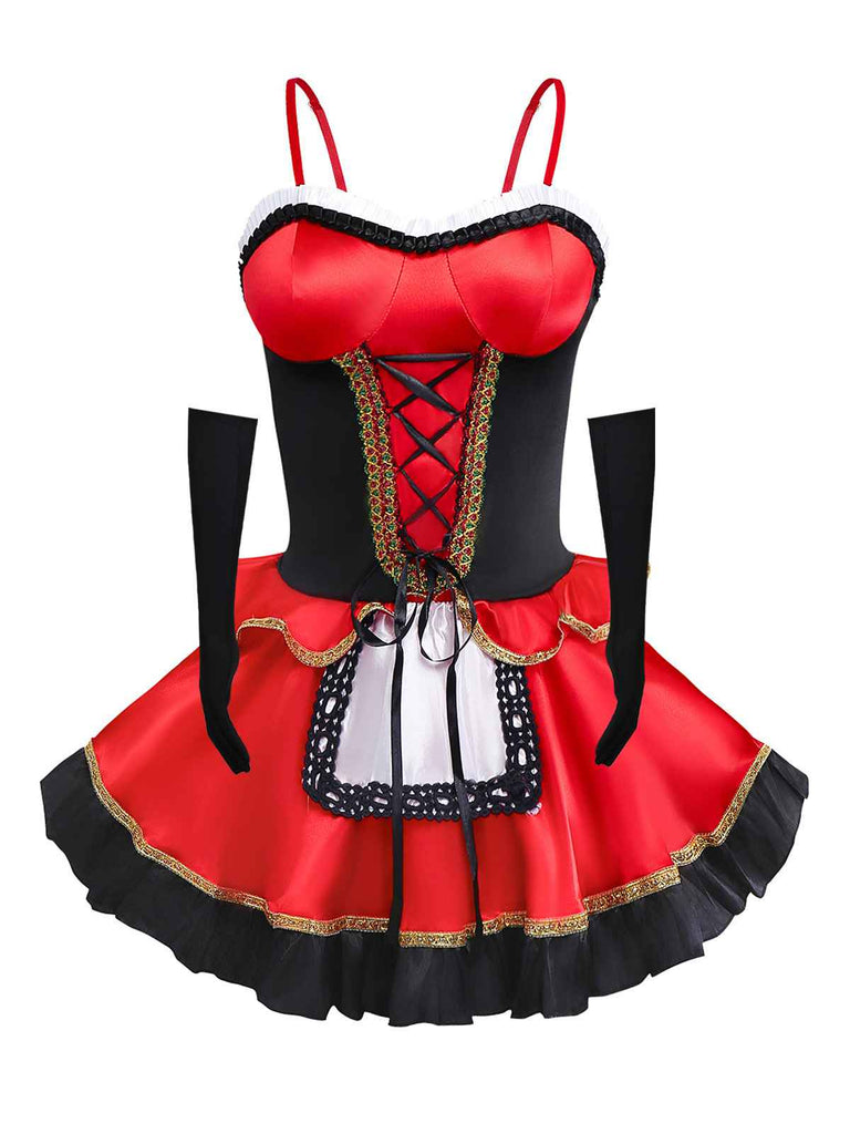 2PCS Mantello da cappuccio con abito corsetto rosso anni '70