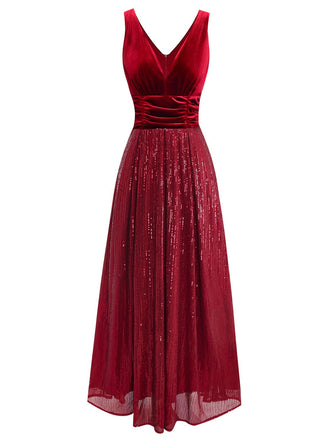 Abito lungo paillettes in velluto con scollo a V bordeaux anni '50
