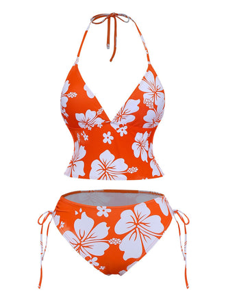 Set tankini arancione anni '70 con floreale tropicale e scollo all'americana