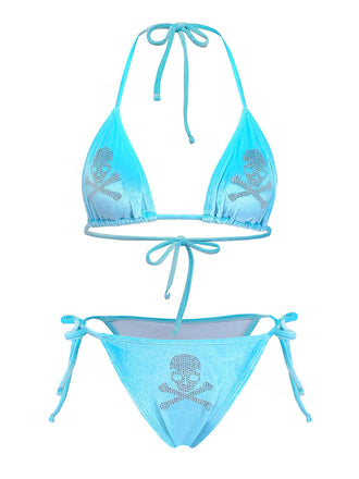 Bikini con teschio e strass in velluto blu anni '80
