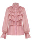 Camicetta in chiffon con volant e collo alto rosa anni '80