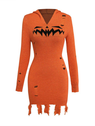 Abito in maglia zucca con cappuccio Halloween arancione anni '70