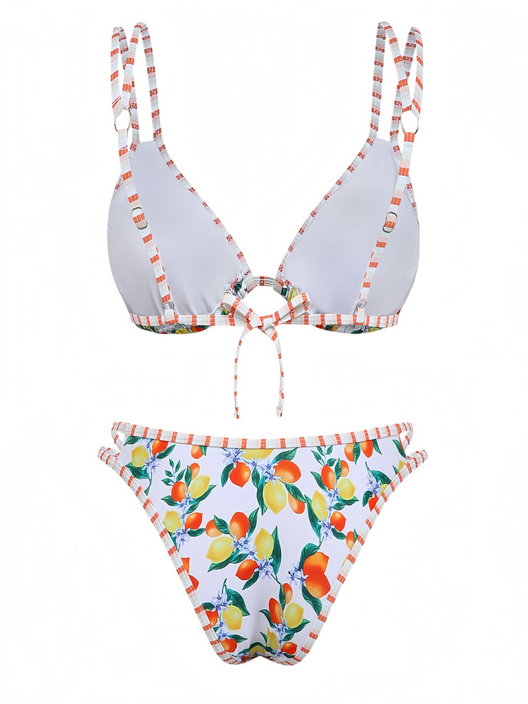 Set Bikini Anni '60 Bianco a Triangolo con Stampa Agrumi