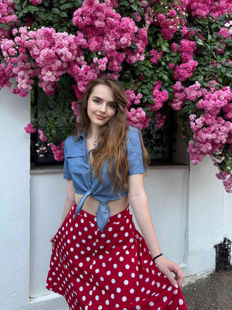 2PCS camicetta a tinta unita e gonna a pois anni '50