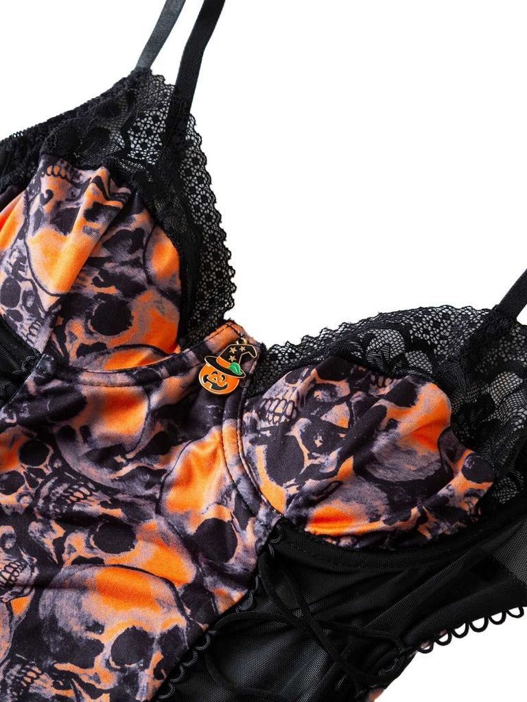 Collant in pizzo e teschio con spalline sottili arancione anni '70