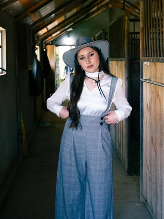 2PCS camicetta  maniche a sbuffo in raso e pantaloni anni '40