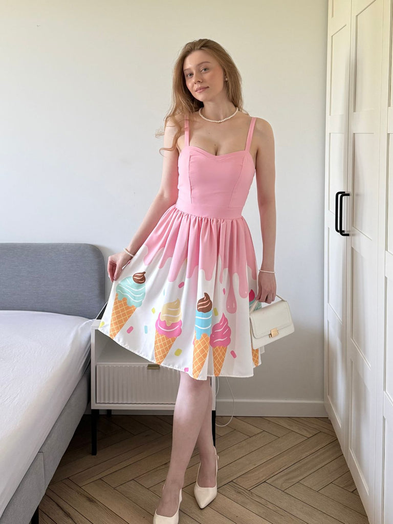 Abito stampa gelato con scollo a cuore rosa anni '50