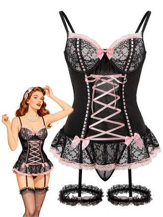 Completo intimo con lacci e fiocco in pizzo a contrasto anni '70