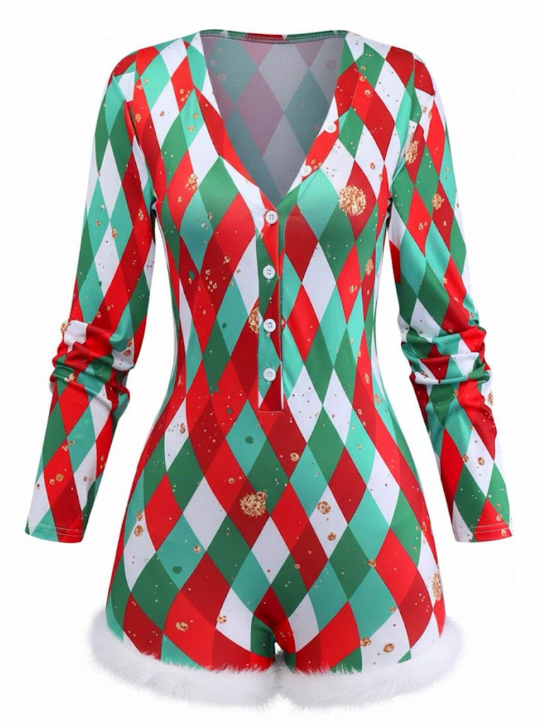 Tuta corta natalizia con orlo grezzo a griglia di diamanti anni '70