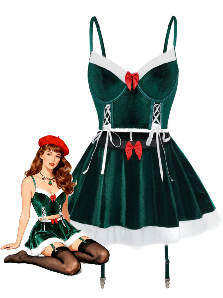 2PCS Completo top e gonna in velluto natalizio del 1970