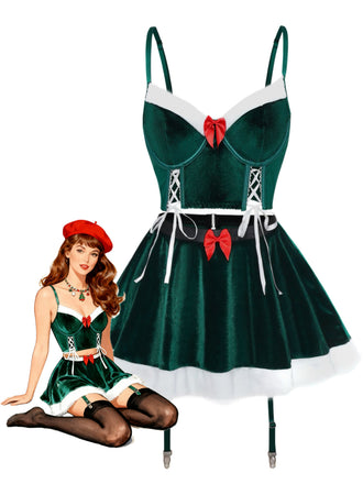 2PCS Completo top e gonna in velluto natalizio del 1970