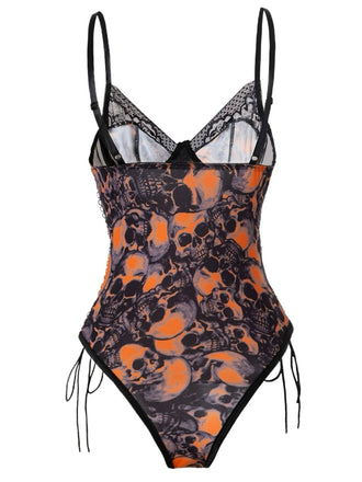 Collant in pizzo e teschio con spalline sottili arancione anni '70