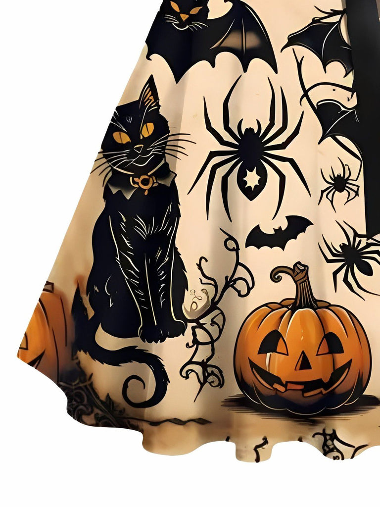 [Prevendita] Abito con zucca e gatto e pipistrello Halloween arancione anni '50