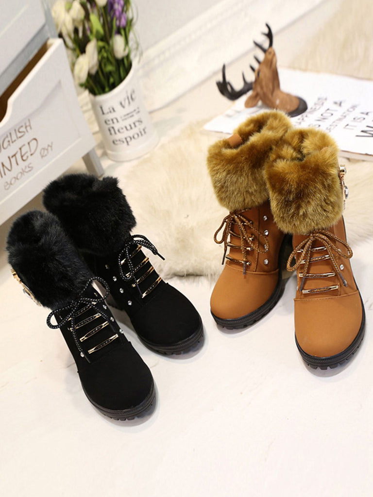 Stivali vintage in pelle nabuk con tacco spesso e peluche