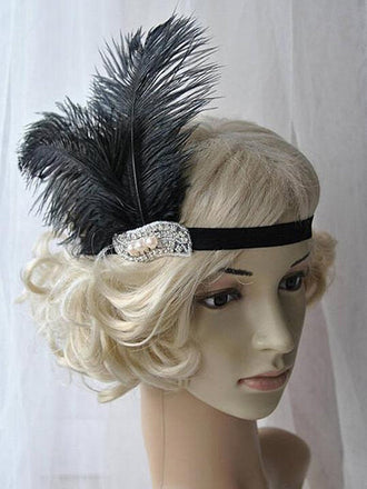 Fascia per capelli flapper con piume nero anni '20