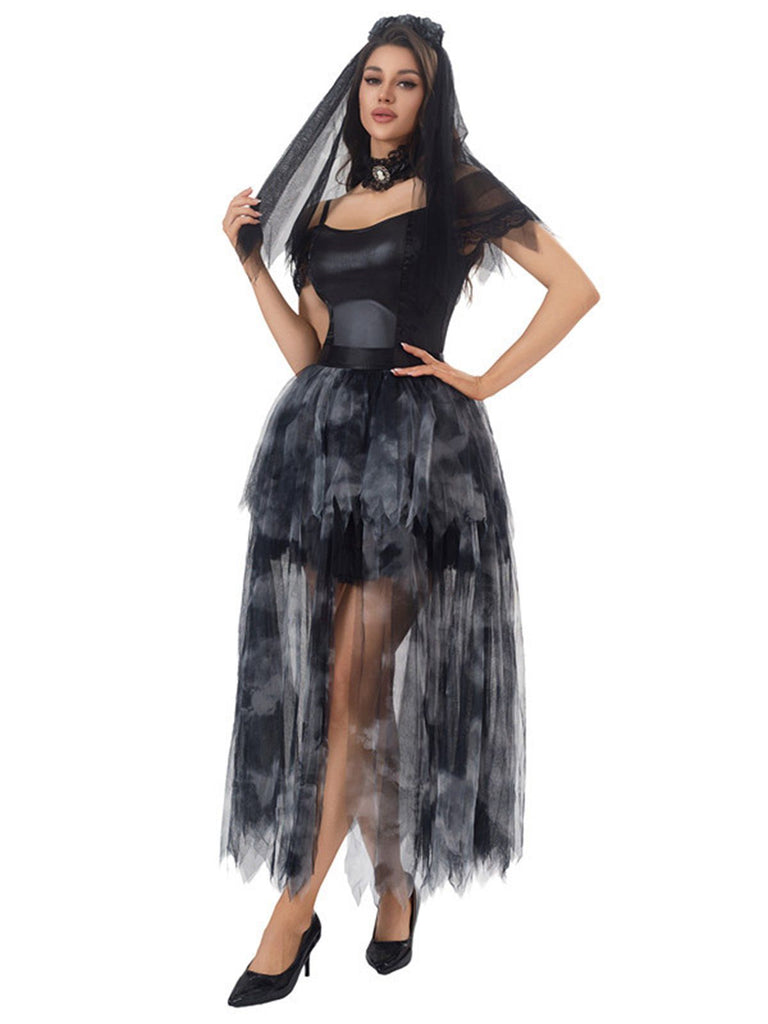 Completo abito in tulle da sposa fantasma Halloween nero anni '70