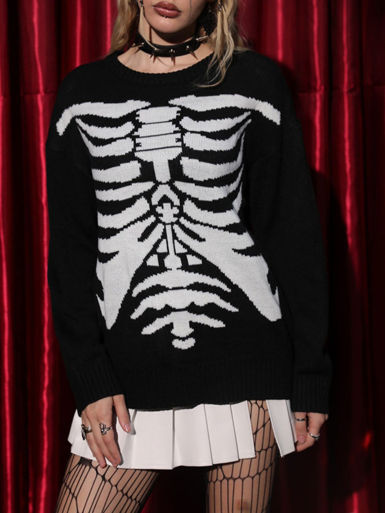 Maglione lavorato a maglia con scheletro Halloween nero anni '50