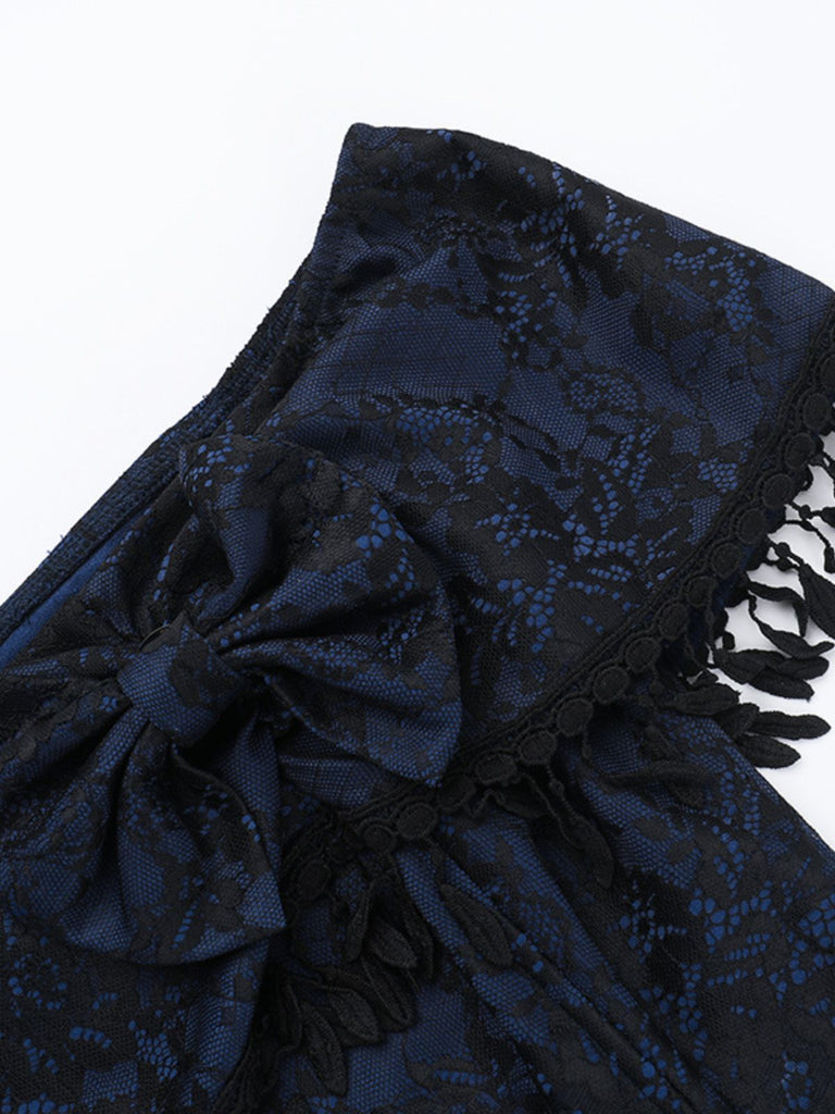 Top in pizzo con spalle scoperte e nappe Halloween blu anni '30