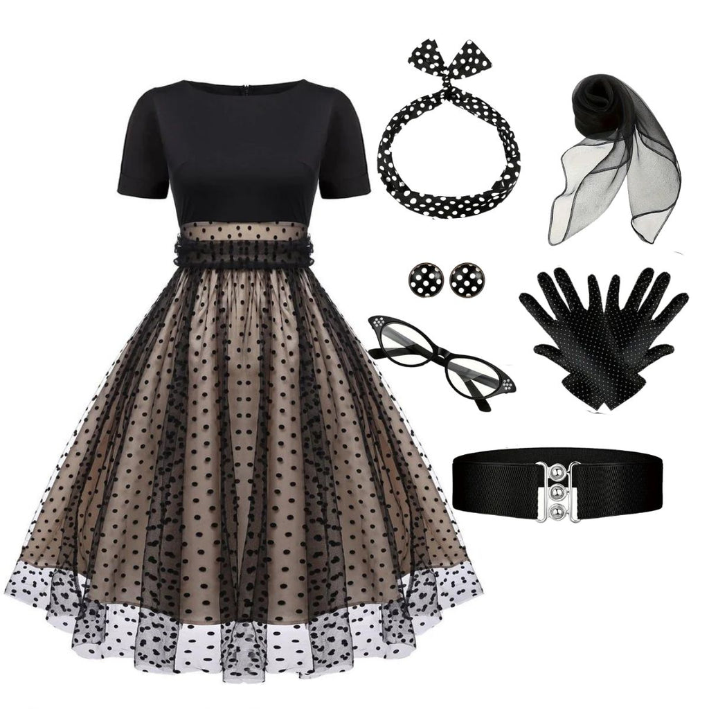 Abito a pois con set di accessori nero anni '50