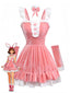Completo abito da coniglietta con volant in velluto rosa anni '70