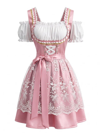 2PCS Abito Rosa Anni '50 con Spalle Scoperte a Sbuffo e Grembiule Ricamato in Pizzo