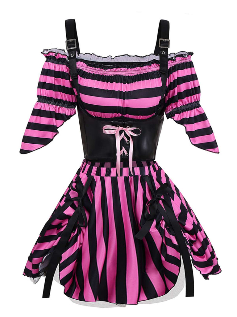 2PCS Set di costumi da pirata a righe Halloween rosa anni '70