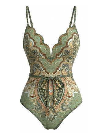 Costumi Intero Verde Anni '70 Bohemien con Colletto a Petalo
