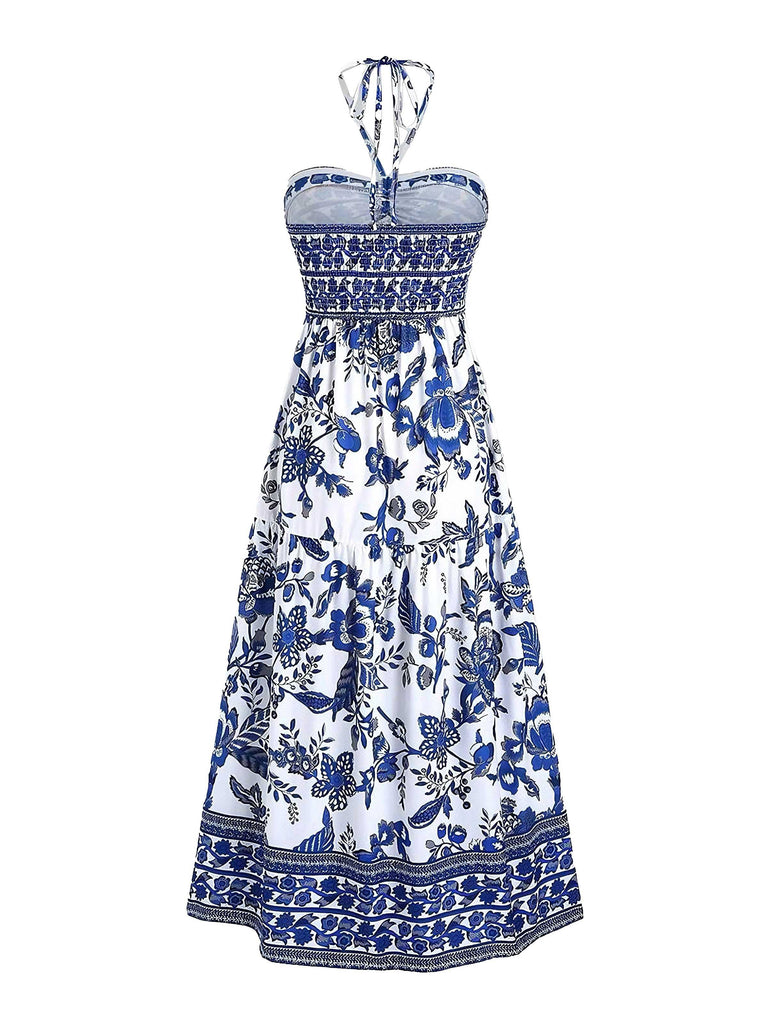 Abito boho con stampa etnica e scollo all'americana anni '70