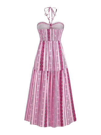 Abito boho con stampa etnica e scollo all'americana anni '70