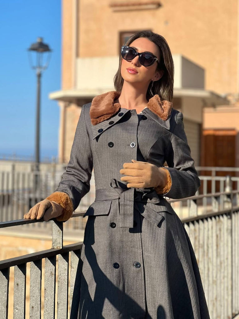 Cappotto in pelliccia sintetica con revers grigio anni '30