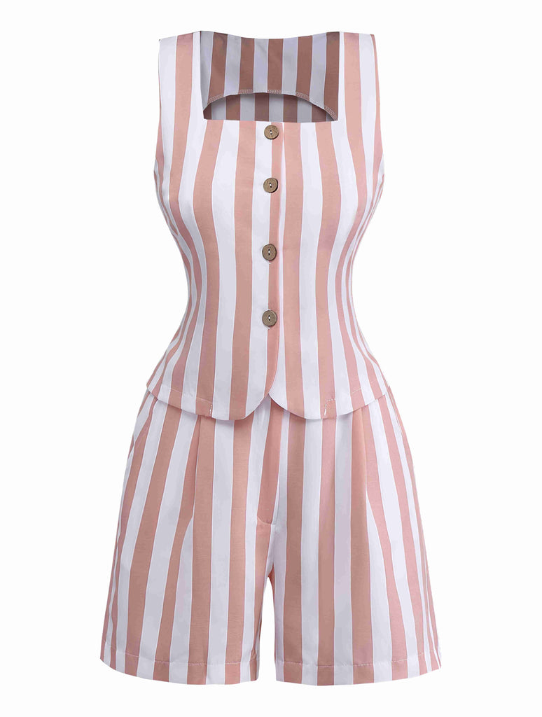 2pcs Gilet a righe con scollo quadrato e pantaloncini cachi anni '60