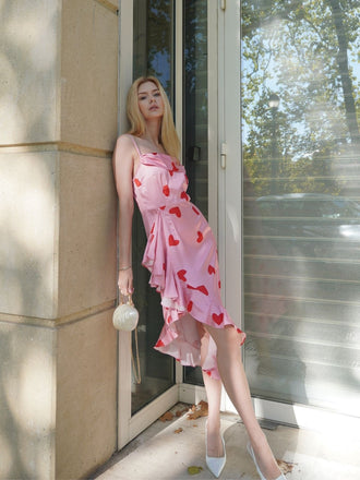 Abito stampa a cuore spalline sottili rosa anni '60