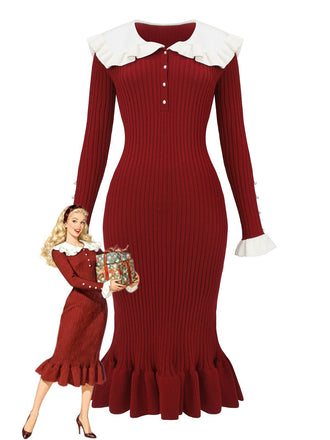 Abito midi con colletto arricciato a coste anni '80