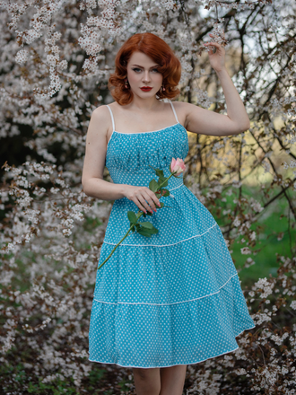 Abito azzurro a pois con cinturini anni '50