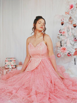 Abito a ruota in rete glitterata rosa anni '50