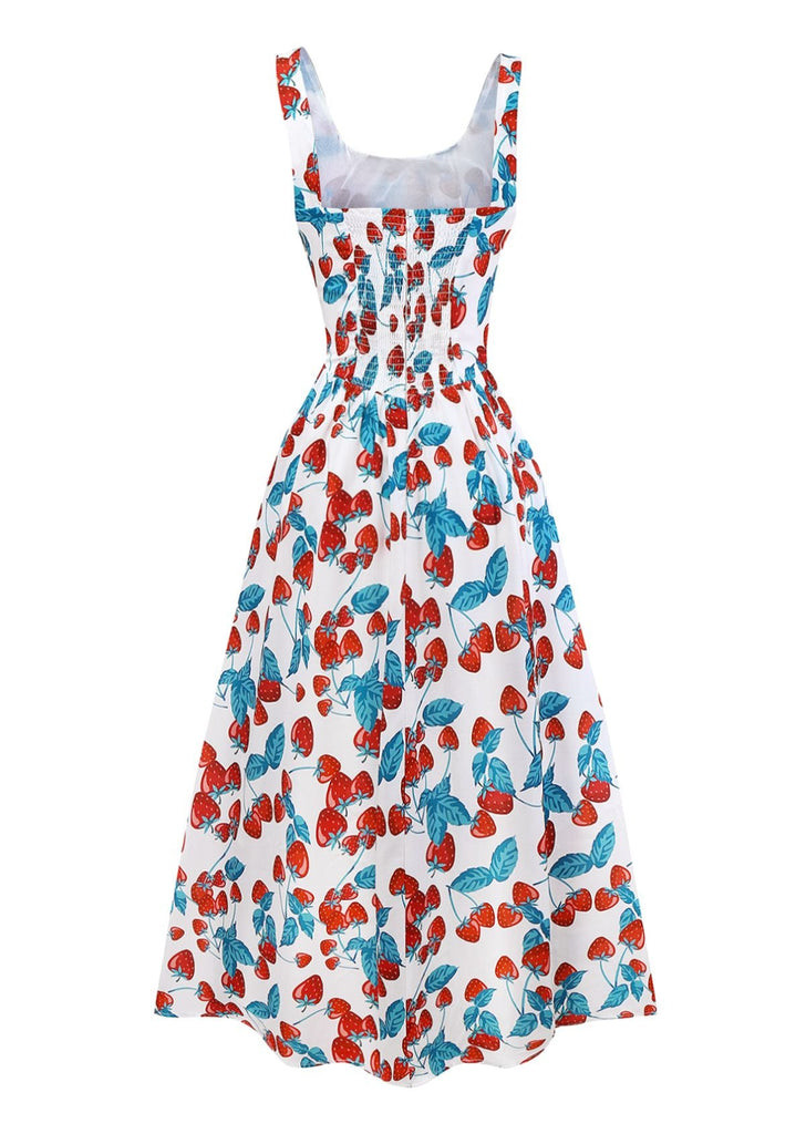 Abito a fragola con scollo quadrato e spalline larghe anni '50