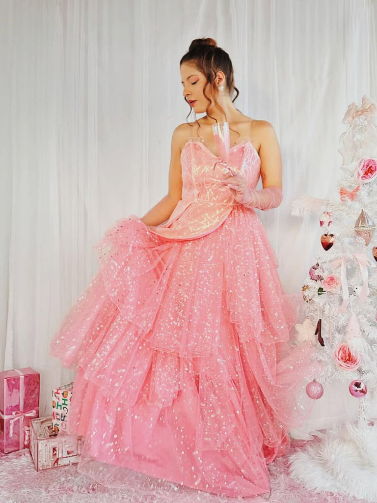 Abito a ruota in rete glitterata rosa anni '50