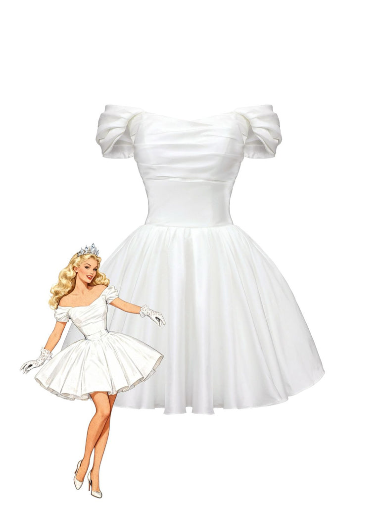 Mini abito in raso con spalle scoperte bianco anni '60