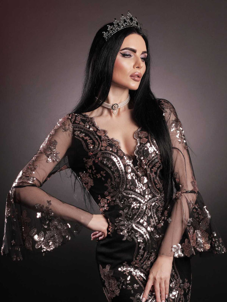 Abito lungo in rete paillettes scollo a V profondo nero anni '30