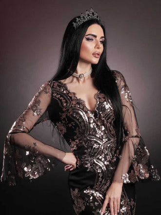 Abito lungo in rete paillettes scollo a V profondo nero anni '30