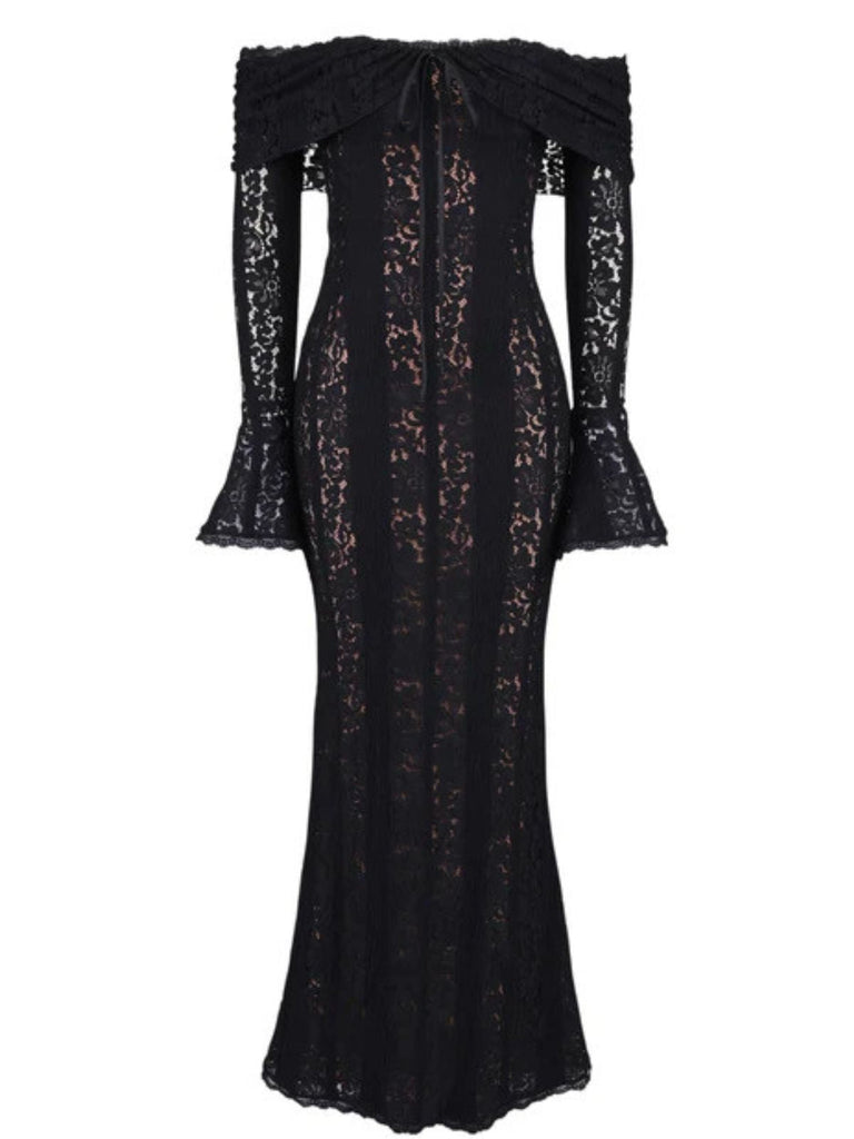 Abito a sirena con maniche svasate in pizzo e spalle scoperte anni '30