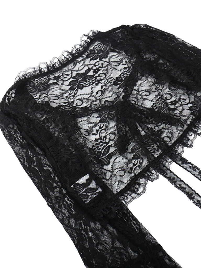 Top con maniche svasate in pizzo di Halloween nero anni '30