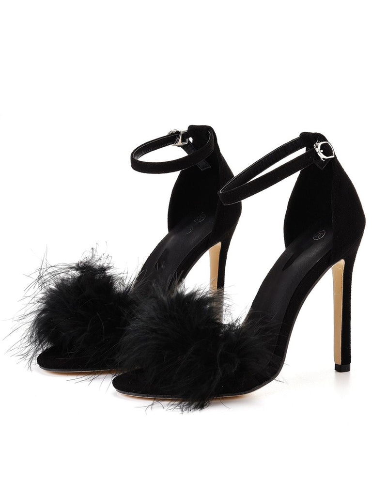 Tacchi alti con cinturino in pelle scamosciata e piume