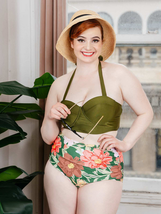Set bikini con fiori all'americana con lacci verde oliva