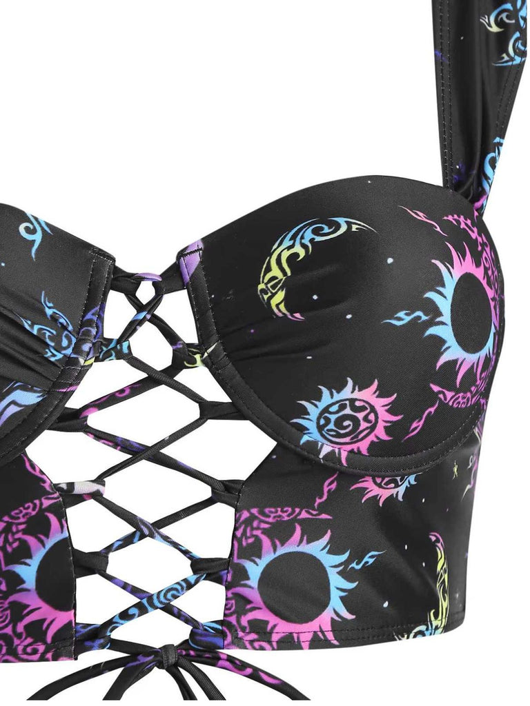 Set Bikini stampa neon nebula gotico nero anni '80