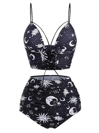 Set bikini gotico stampa galassia spalline nero anni '80