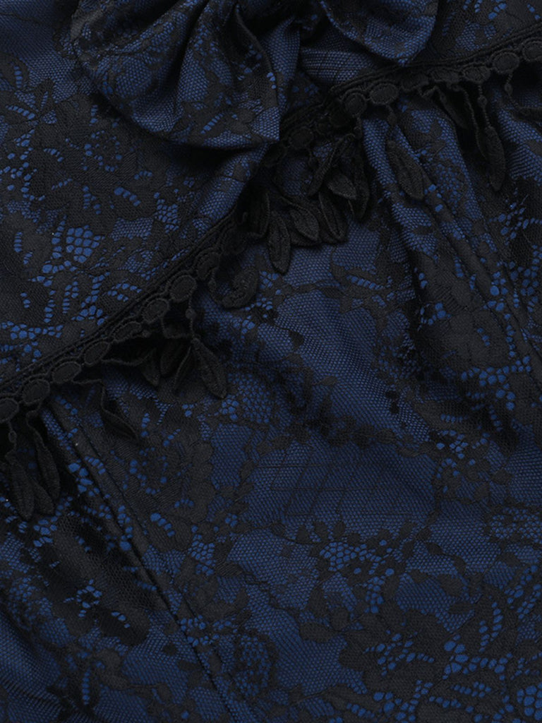 Top in pizzo con spalle scoperte e nappe Halloween blu anni '30