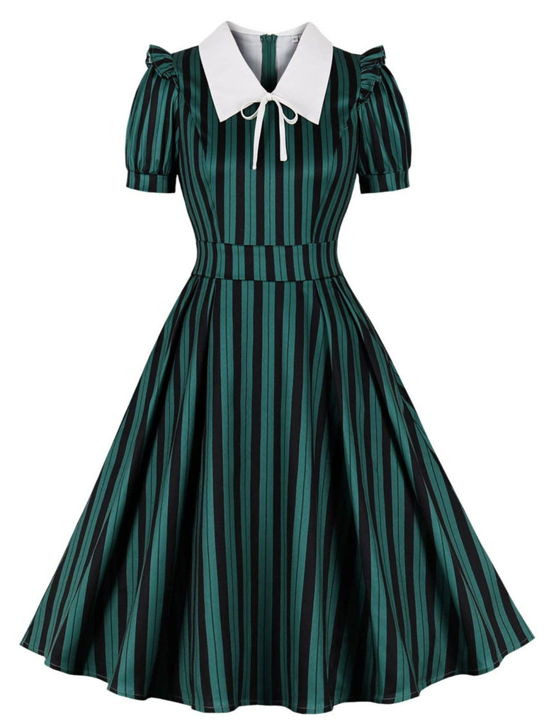 Abito a righe con colletto revers verde anni '50