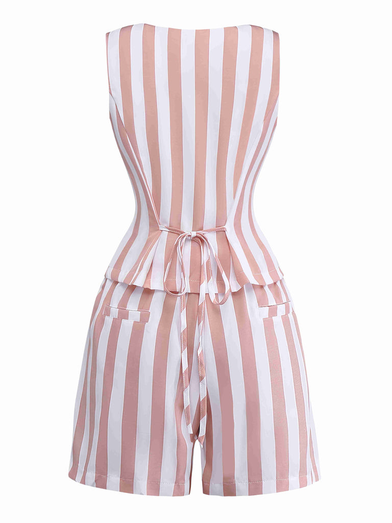 2pcs Gilet a righe con scollo quadrato e pantaloncini cachi anni '60