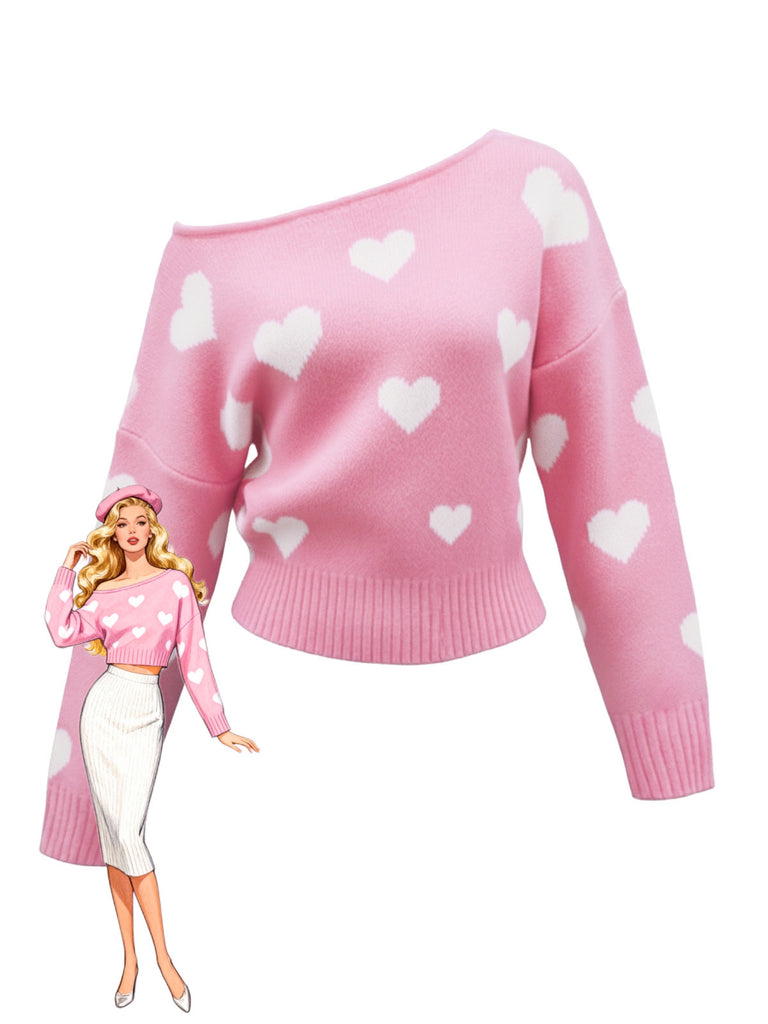 Maglione asimmetrico con spalle scoperte e cuore rosa anni '70